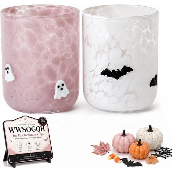 2 Pcs Halloween Icon Glasses Cups Pink White Ghost Black Bat Juice Drinkware Embossed Stemless Drinking Mug Cocktail Old Fashioned Hand Blown Cute Spooky Party Decoration Home Fall Gift Set