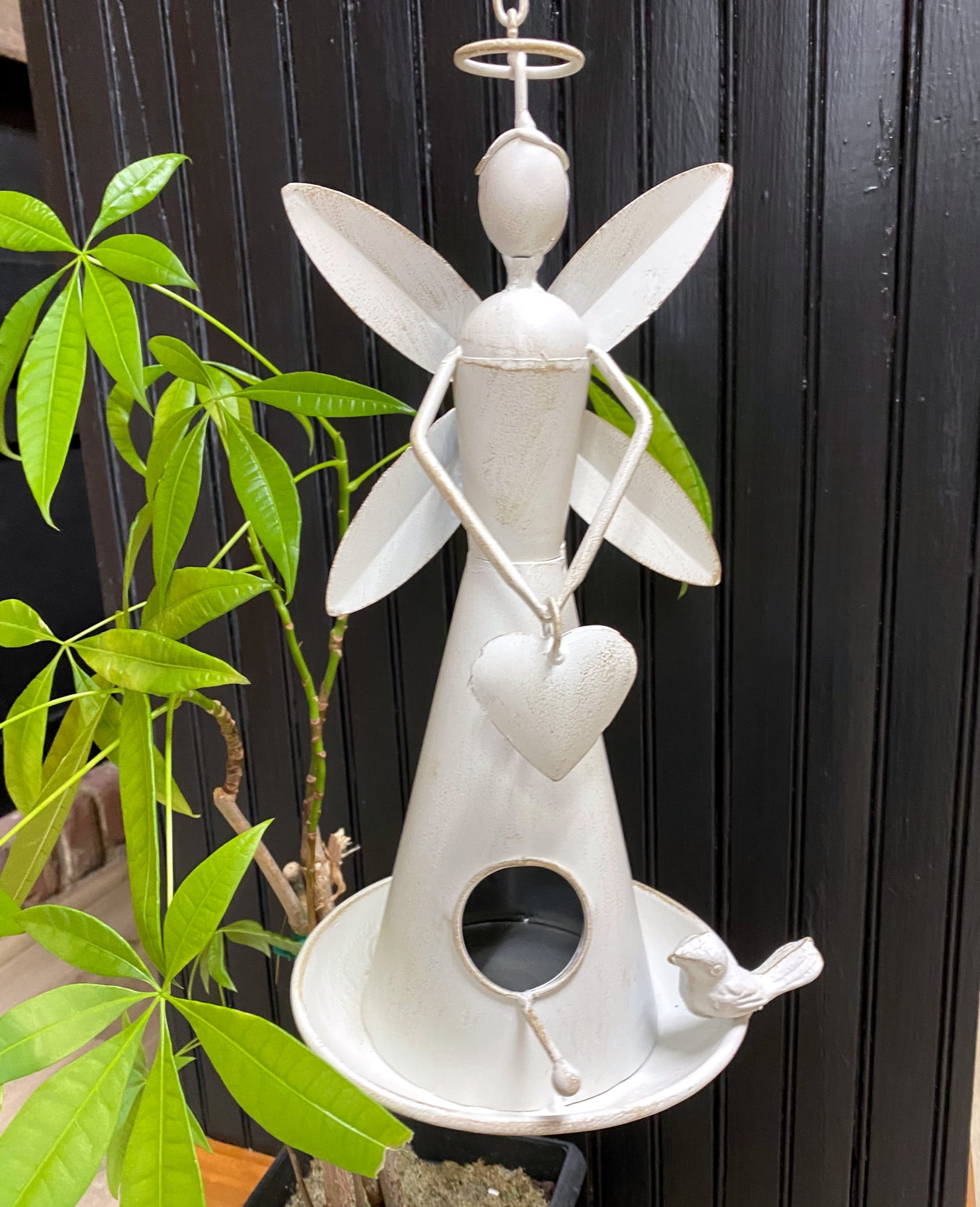Angel Bird Feeder - Hanging White Angelic Metal Sculpture Indoor Outdoor Garden 12" Décor