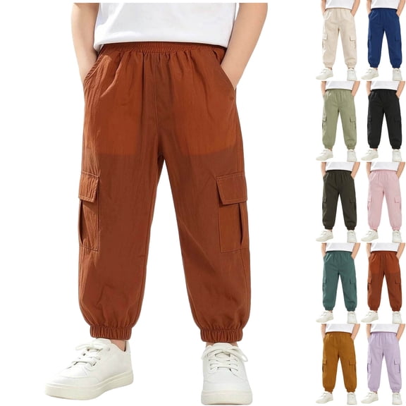 DJDLJWCJ Boys Cargo Pants 3-13 Multi-Pockets Lightweight School Uniform Pants Elastic Waist Baggy Pants Brown Size 10