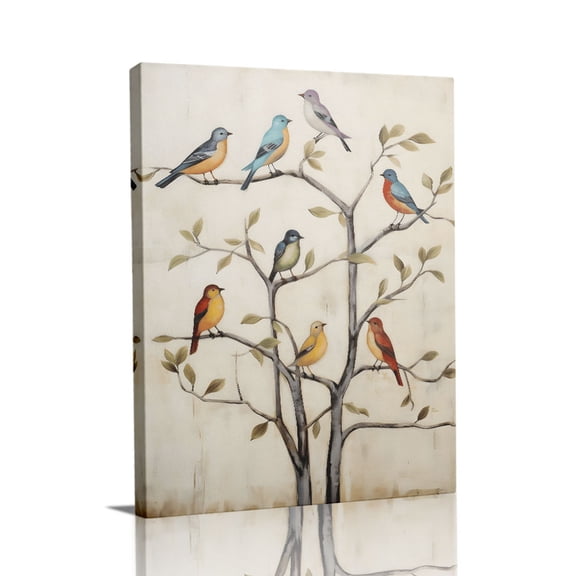 “Colorful Birds on Minimalist Tree (Neutral Tone)” Rustic Canvas Wall Art Ready to Hang for Living Room and Bedroom