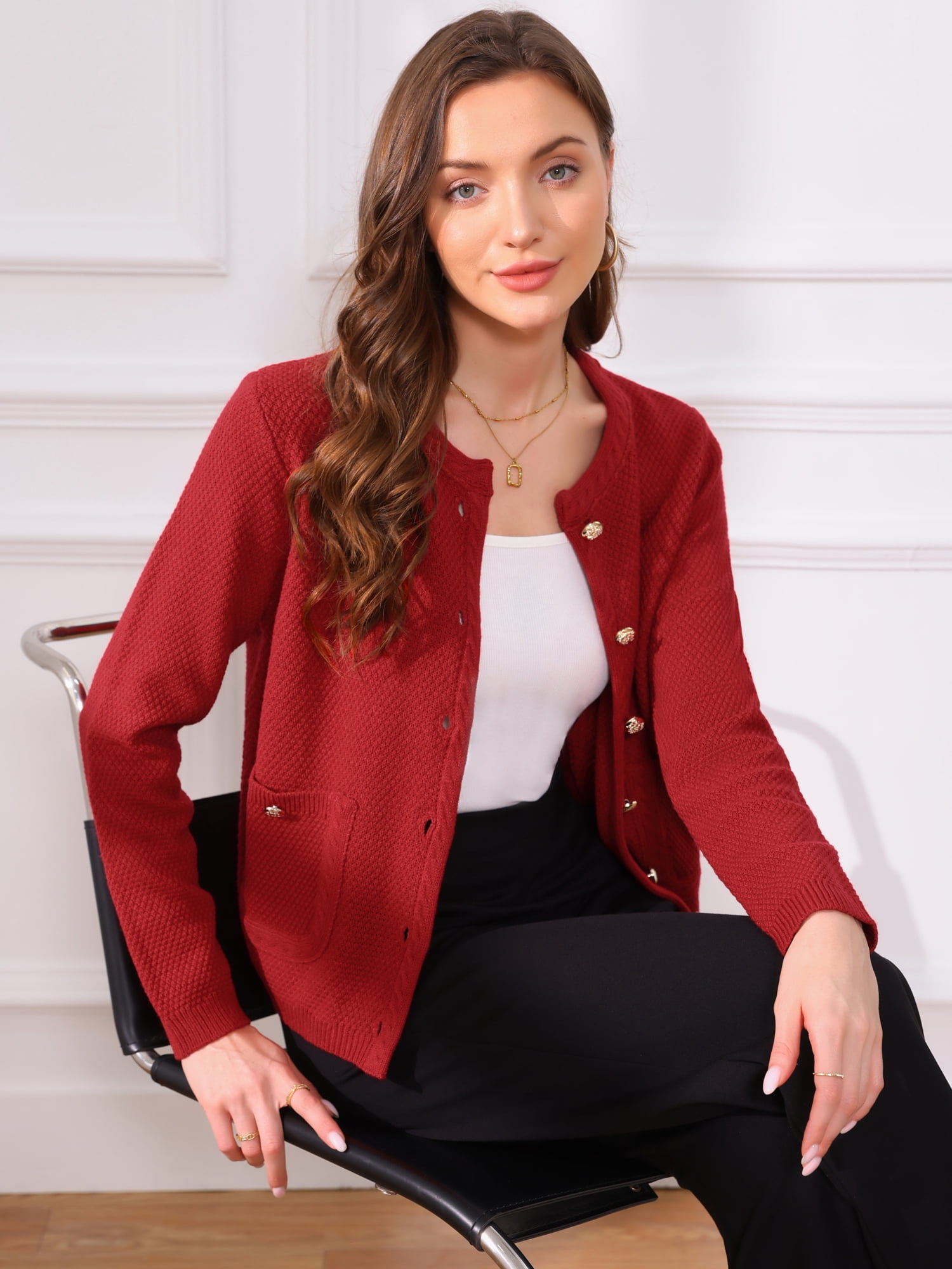 DARING DIVA Sweaters Collarless Button Up Dressy Chunky Knit Cardigan XL Red