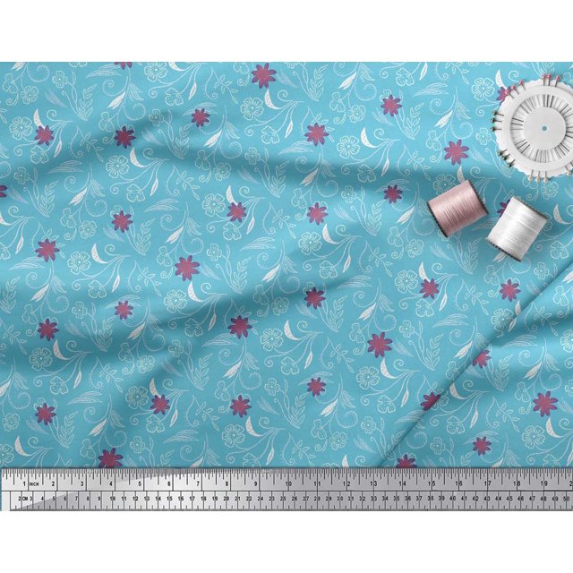 Soimoi Blue polyester Crepe Fabric Leaves & Floral Hand Drawn Print Fabric by the Yard 52 Inch Wide