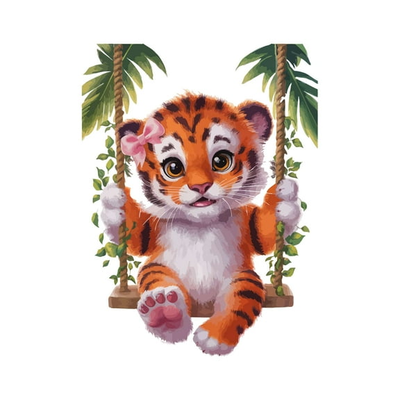Cute Cartoon Tiger Swinging on a Swing Animal Wall Art Sticker Designs Vinyl Stickers For Home House Walls Rooms Windows Bedroom Decoration Size (26x26 inch)