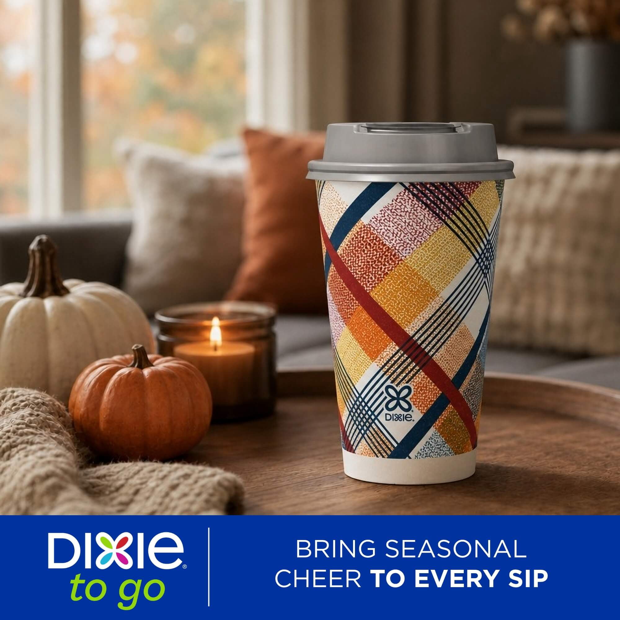 Dixie To Go 16 oz Disposable Paper Cups with Slider Lid, Cozy Plaid, 18 Count