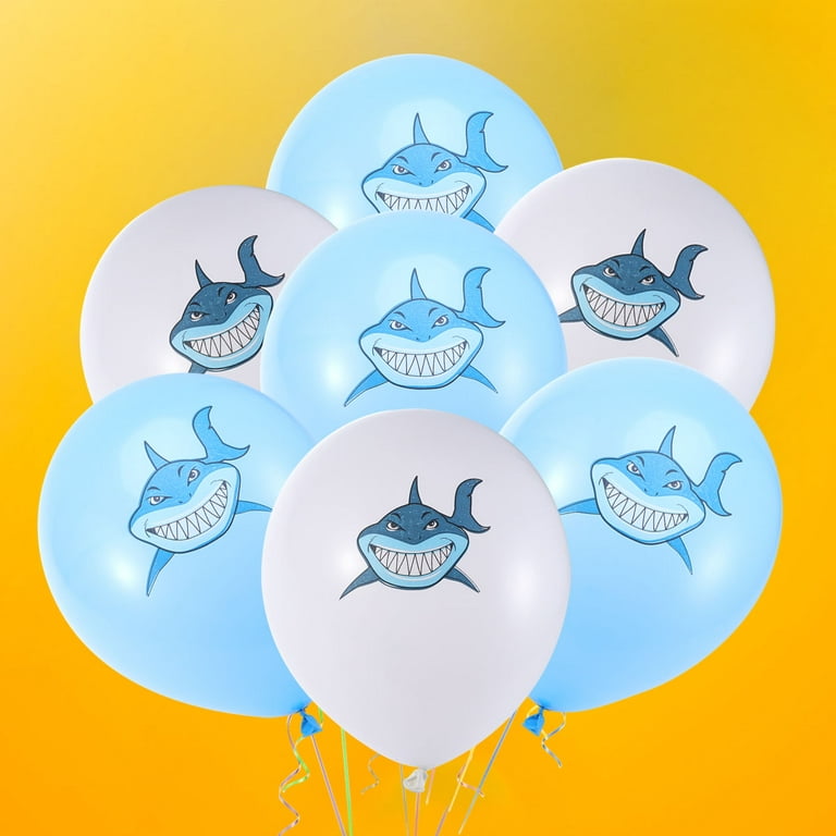 20pcs 12 inch Cartoon Shark Pattern Balloon Decoration Party Supplies for Birthday Baby Shower Pool Party Under The Sea Theme Party (White and Light