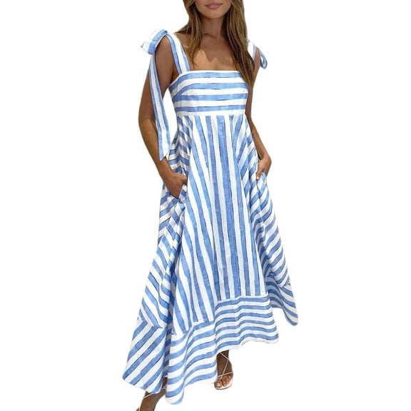 Women Summer Floral Sleeveless Maxi Dress Casual Spaghetti Strap Tiered Flowy Beach Long Dress Sky Blue M