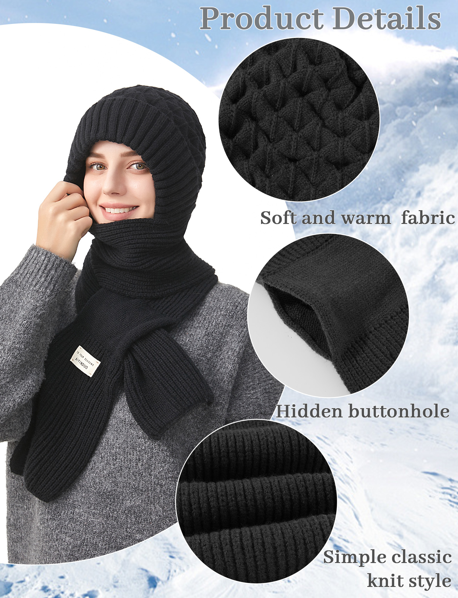 FEOYA Women Balaclava Hood Scarf Hat Winter Beanie Hats Scarf One Piece Integrated Ear Protection Windproof Cap Scarf Warm Fleece Knitted Ski Scarf Hat Black