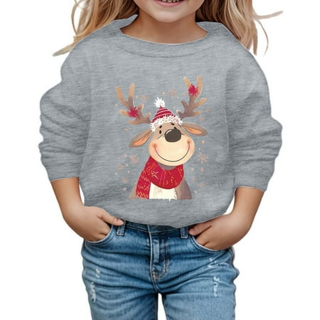 DHFJKG Kids Christmas Pullover Boys Girls Cartoon Reindeer Printed Round Neck Long Sleeved Loose Fit Top Casual Holiday Tops