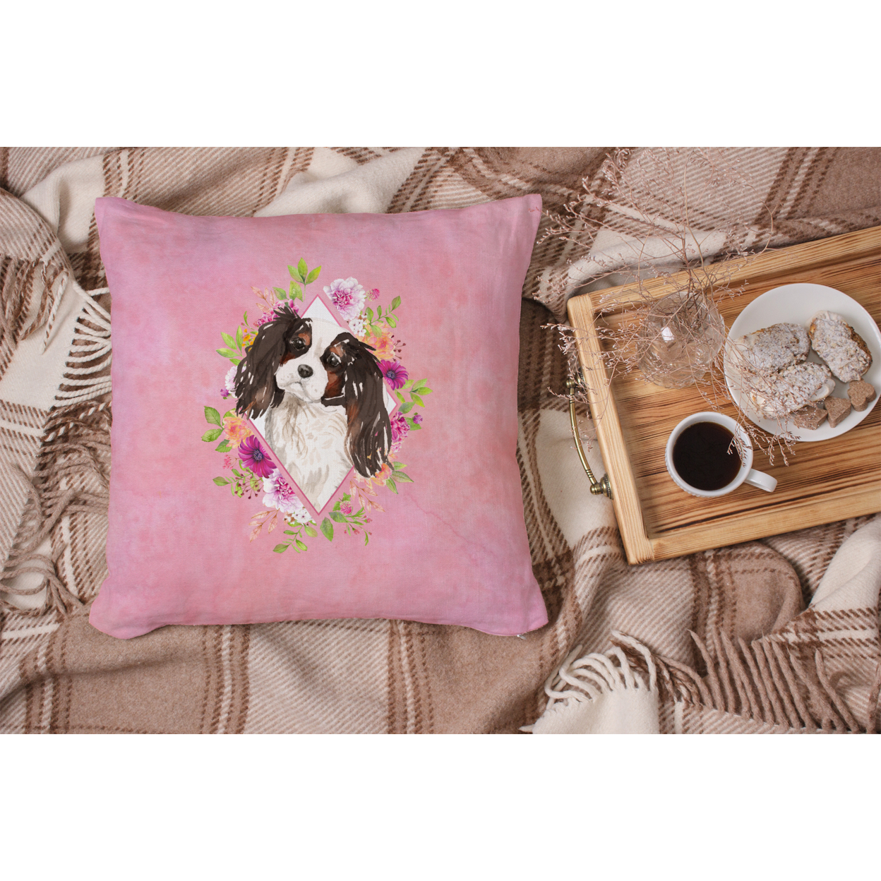 Tricolor Cavalier Spaniel Pink Flowers Fabric Decorative Pillow