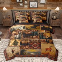 Homewish Wild Animal Moose 7 Pieces Bedding Comforter Set,Country Lake House Full Bedding Set,Rustic Farmhouse Cabin Fitted Sheet Flat Sheet For Kids,Luxury Bedroom Decor Reversible