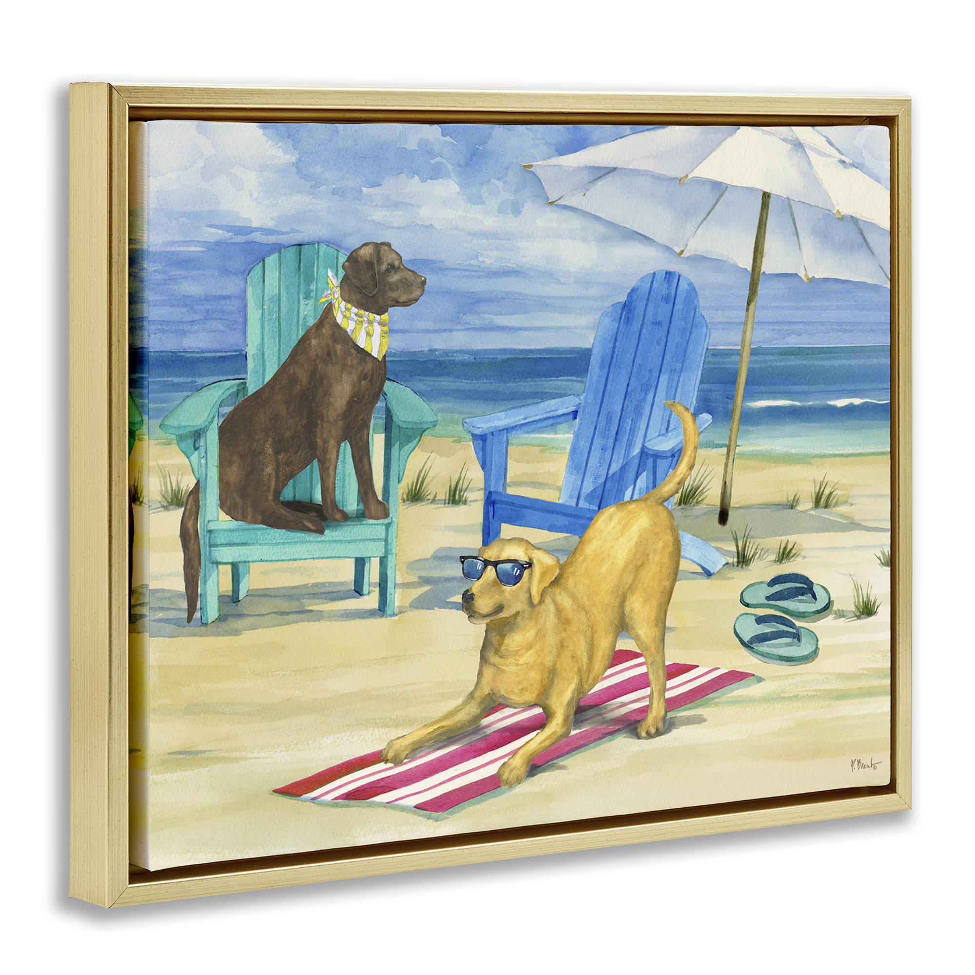 Stupell Industries Dogs on Beach Towel Animals & Insects Painting Gold Floater Framed Canvas Art Print Wall Art, 31 x 25