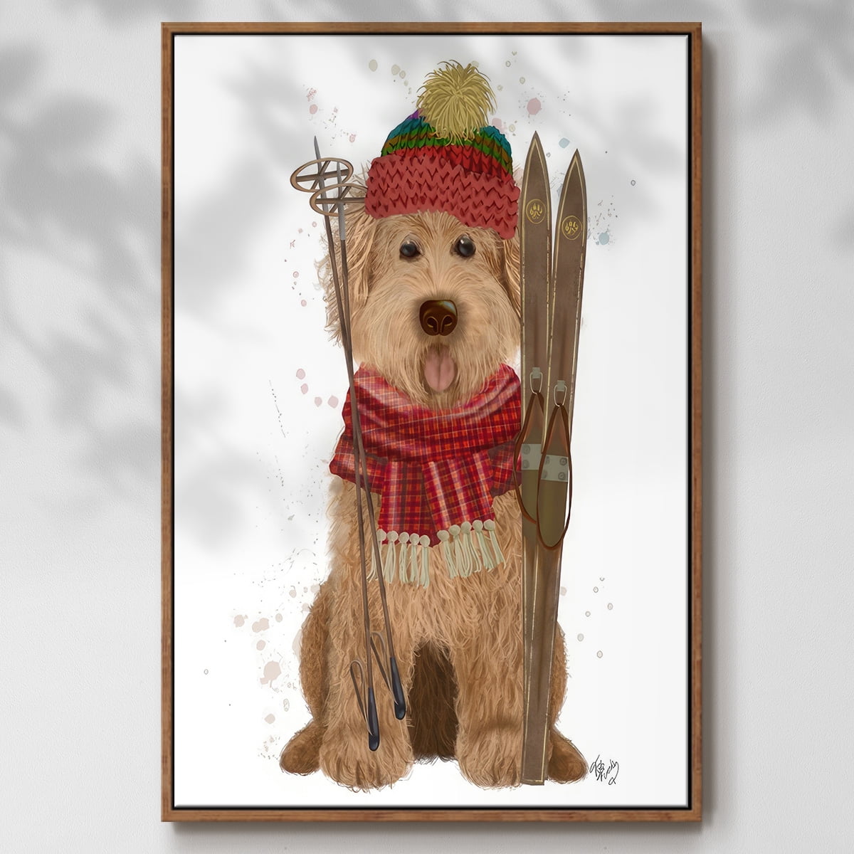 Goldendoodle Ski Dog - Framed Gallery Wrapped Holiday Canvas - 25 x 37 - Rosewood Frame