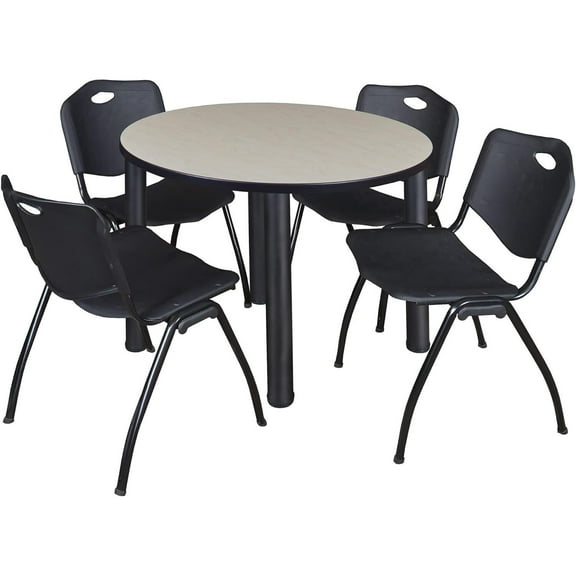 Round Break Room Table Set with 4 Stack Chairs - Maple & Black