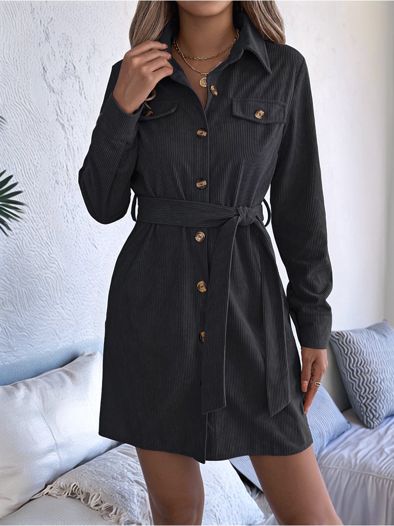 womens black button down dress Women'S Collar V Neck Button Down Pleated Long Sleeve Mini Shirt Dress with  Belt Black S