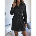 thumbnail image 2 of Women'S Collar V Neck Button Down Pleated Long Sleeve Mini Shirt Dress with Belt Black S, 2 of 8
