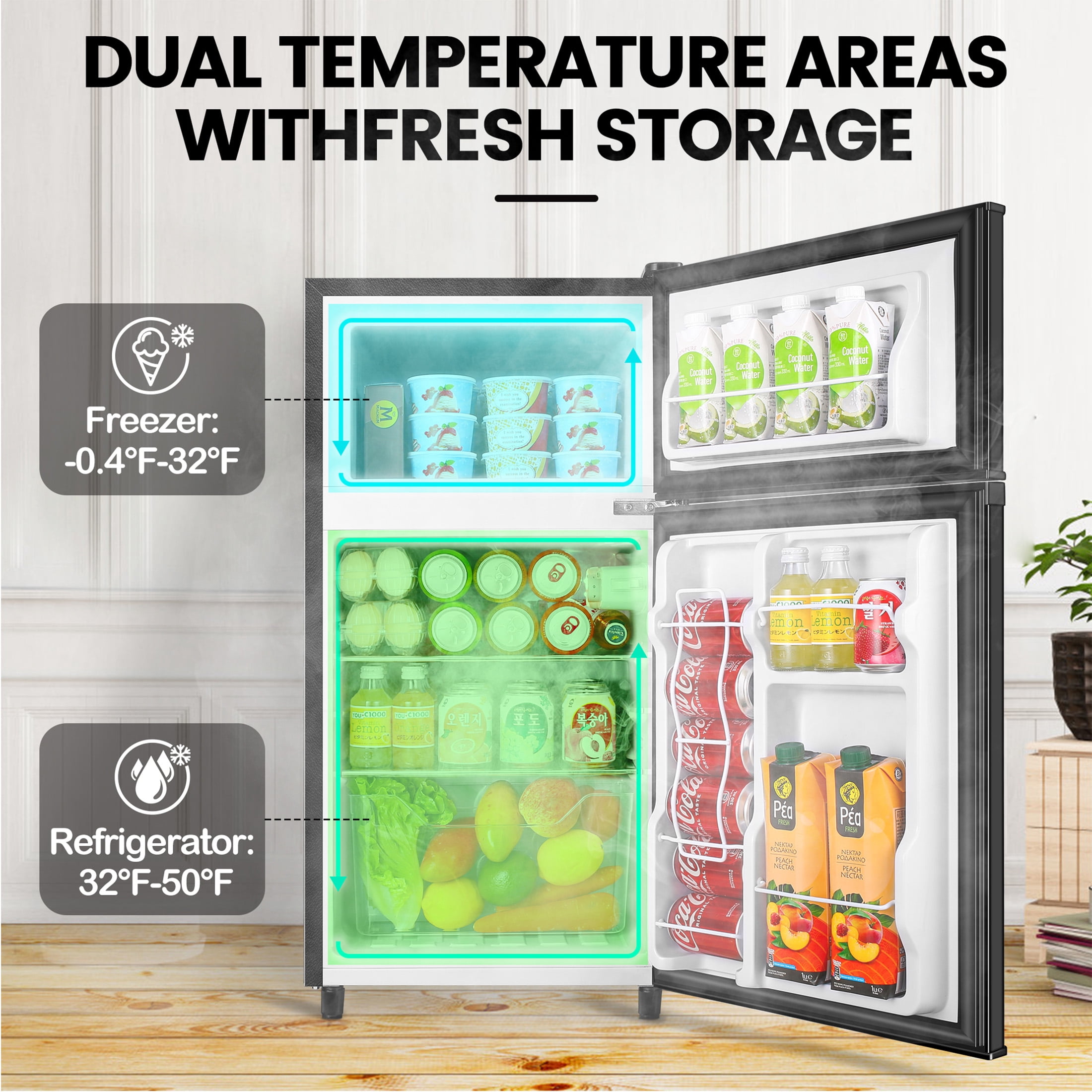 CALLIEVER 3.5 Cu.Ft Mini Fridge with Freezer - Dual-Door Small Refrigerator for Dorm Bedroom,Black