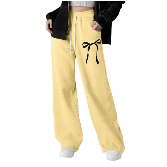 Lenpel Girls' Wide Leg Sweatpants Children Casual Elastic Waist Drawstring Bowknot Printed Athletic Pants Baggy Jogger Pants(Yellow,14-15 Years)