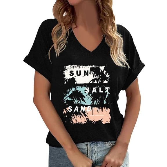 V Neck T Shirts For Women Short Sleeve Graphics Print Classic Elegant Casual T Shirts Comfy Soft Summer Work Tee Pullover Outfits Black L