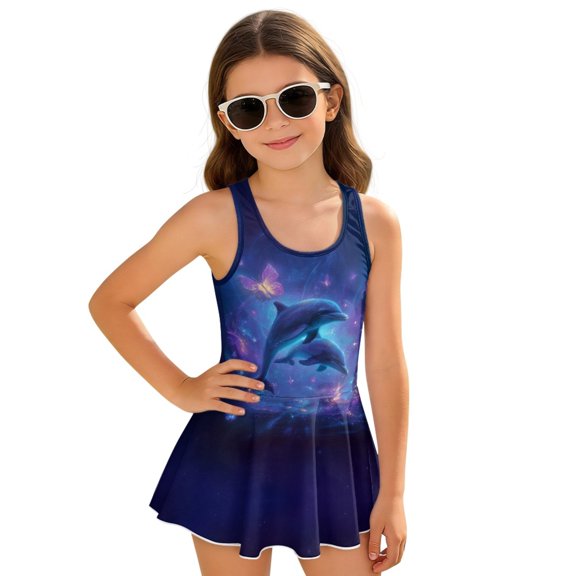 Tutolipy Galaxy Dolphin Pattern Tank Girls Swimsuit One Piece with Attached Skirt, Casual Soft Girls One Piece Swimsuit for Beach Summer Size 5-6 Years