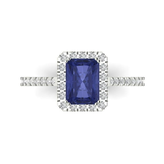 1.86 ct Emerald Cut Simulated Tanzanite with Simulated Diamond Halo Accents 18K White Gold Womens Engagement Ring