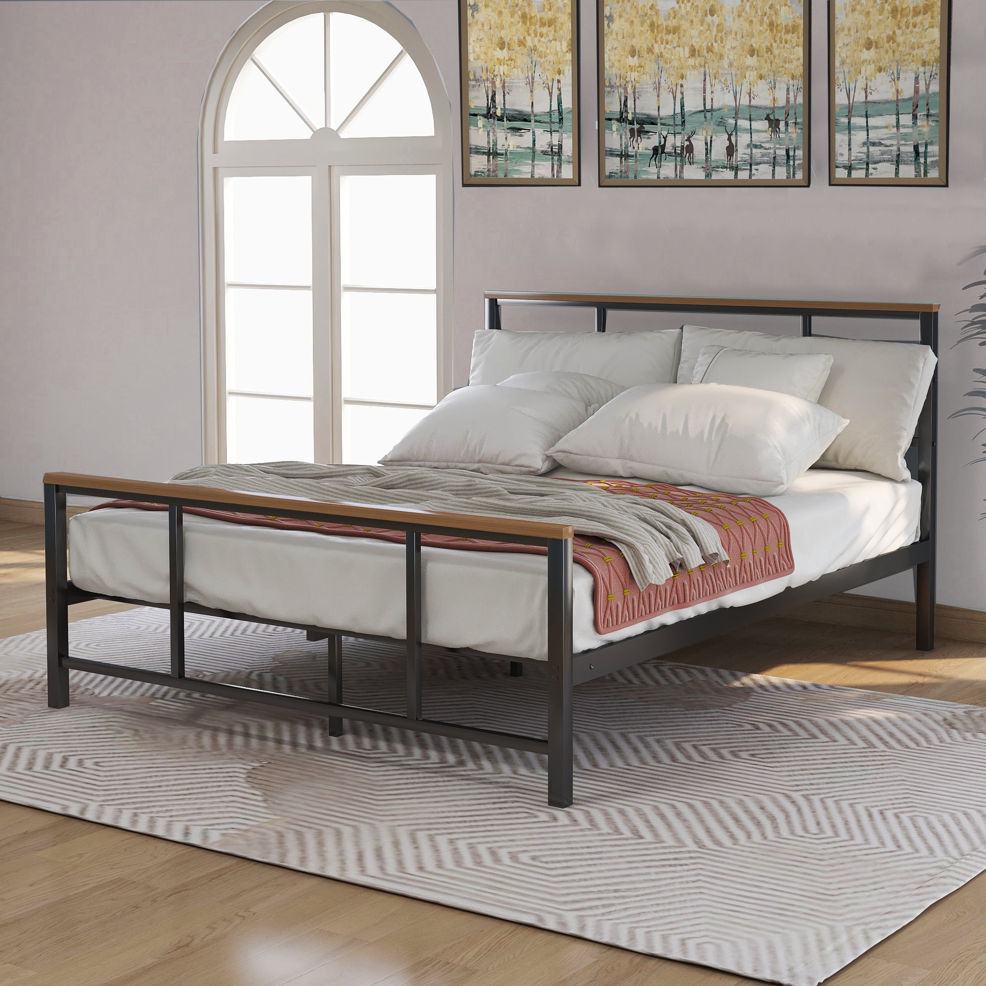 Black Full Size Metal Bed Frame Wood Headboard&Slats Platform Bedroom Furniture 