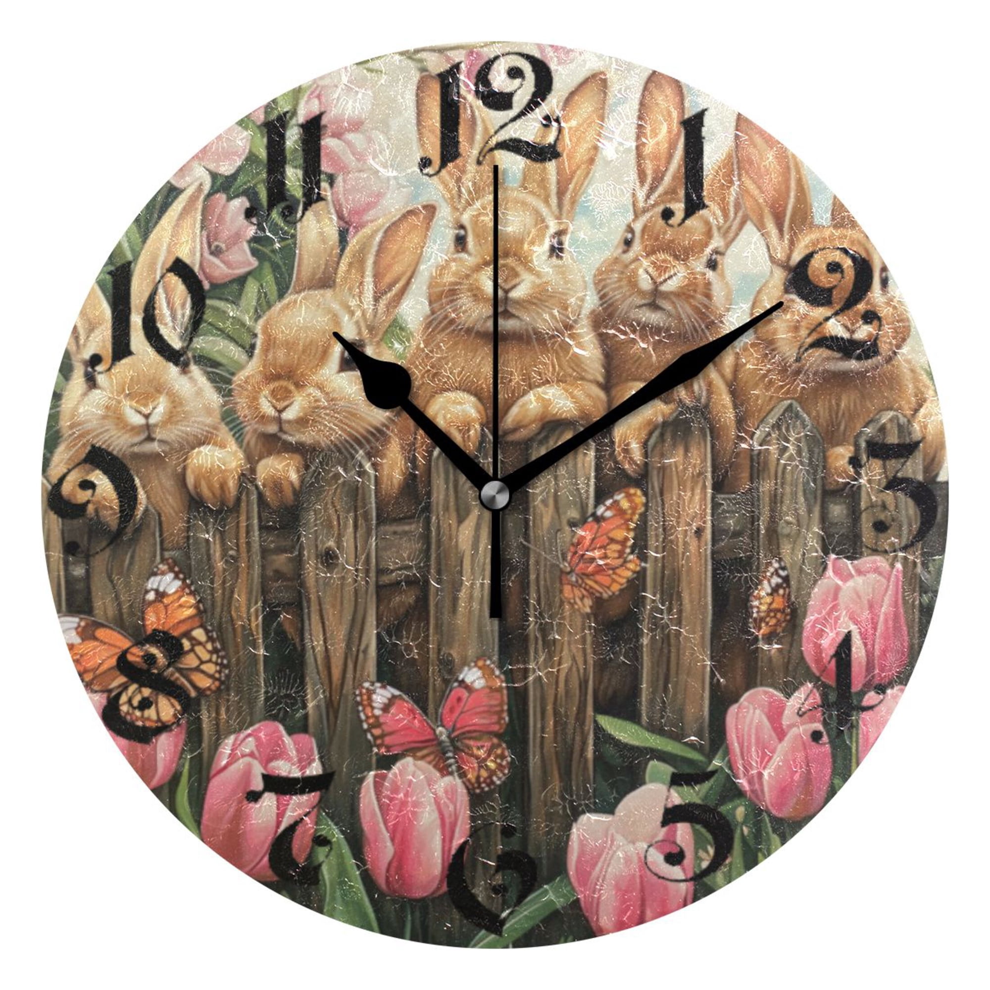 DEIARA Cute Brown Bunny Burgundy Butterfly Wall Clock 10in Silent Mechanism Battery Operated Retro Style for Living Room Bedroom and Kitchen Black Pointer