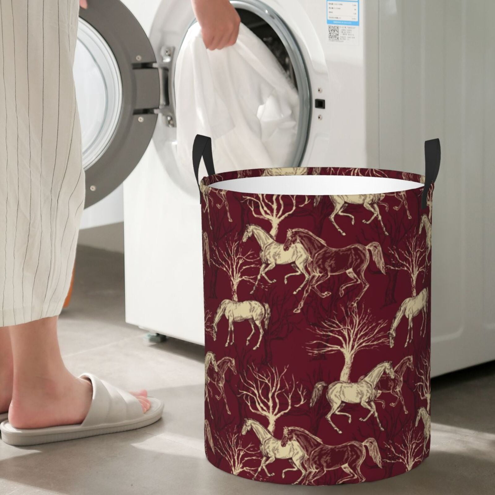 Large Laundry Basket with Handles - Vintage Cute Horse Dead Tree Kids Baby Dirty Clothes Laundry Hamper for Bedroom Aesthetic