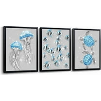 Hieng Ocean Animal Wall Art Jellyfish Fish Sea Turtle Picture Prints Glam Blue and Grey Bathroom Decor Artwork Unframed
