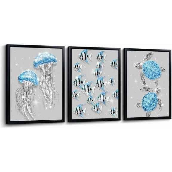 Hieng Ocean Animal Wall Art Jellyfish Fish Sea Turtle Picture Prints Glam Blue and Grey Bathroom Decor Artwork Unframed