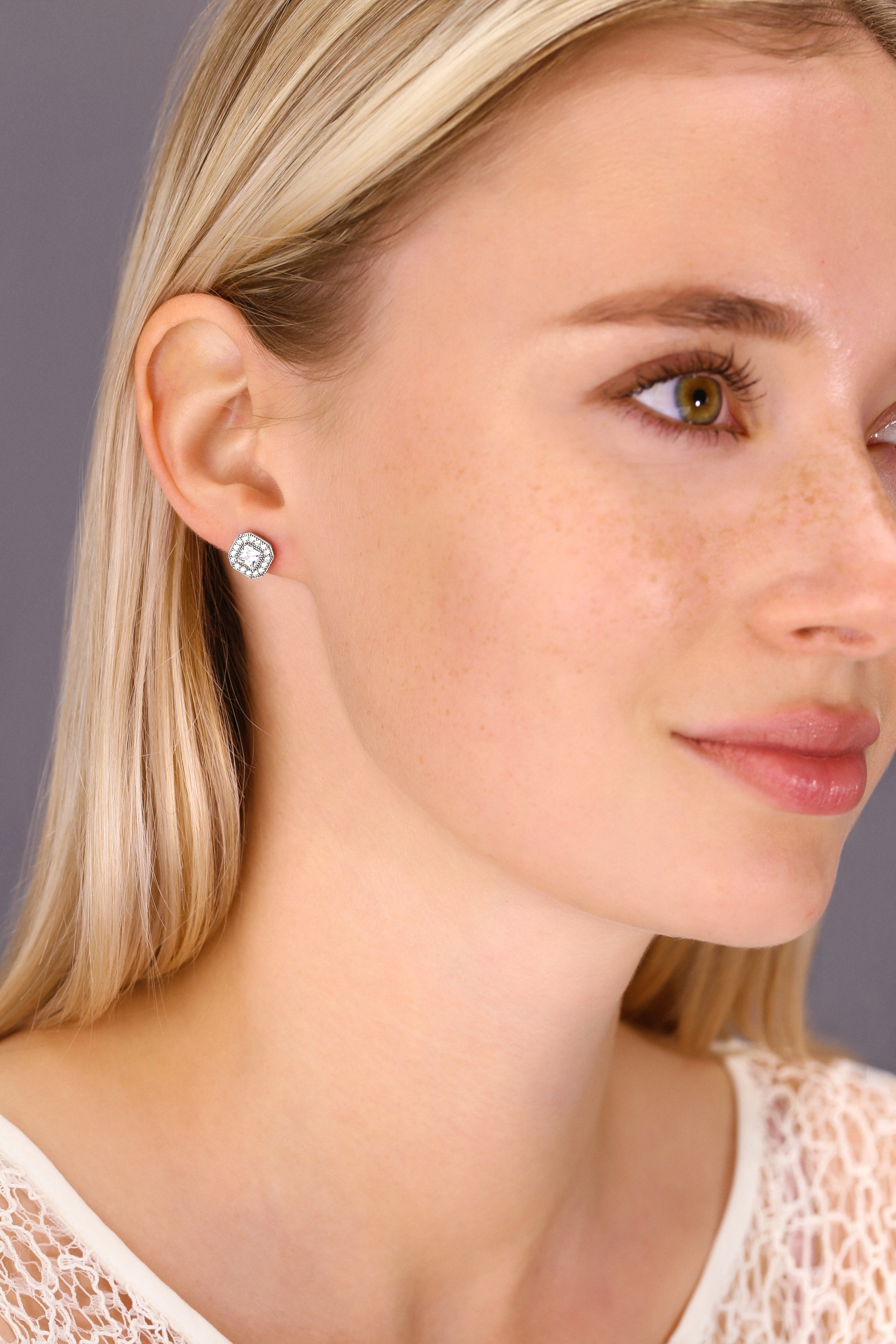 Tilo Jewelry .925 Sterling Silver Square Halo Stud Earrings with Secure Push Backs & Cubic Zirconia CZ Stones | Women, Men, Unisex