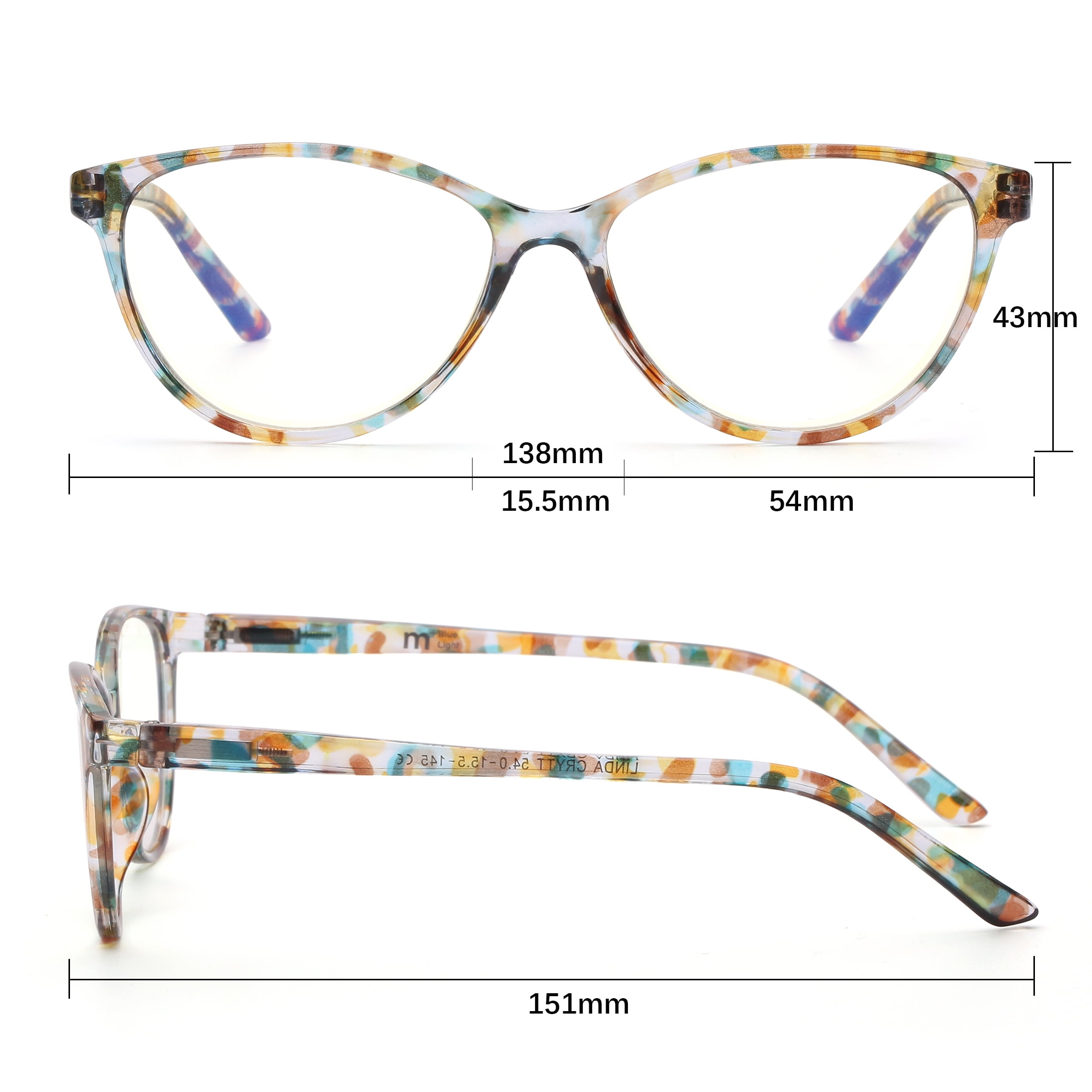 M+ Plano Blue Light Lens Injection Womens Frames, Linda, Crystal Tortoise, 54.0-15.5-145, with Case