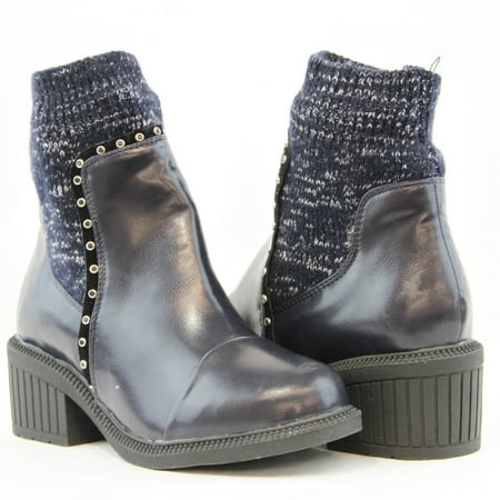 

Women Ankle Booties Knitted Rhinestone Sweater Opening Mid Block Heels Navy