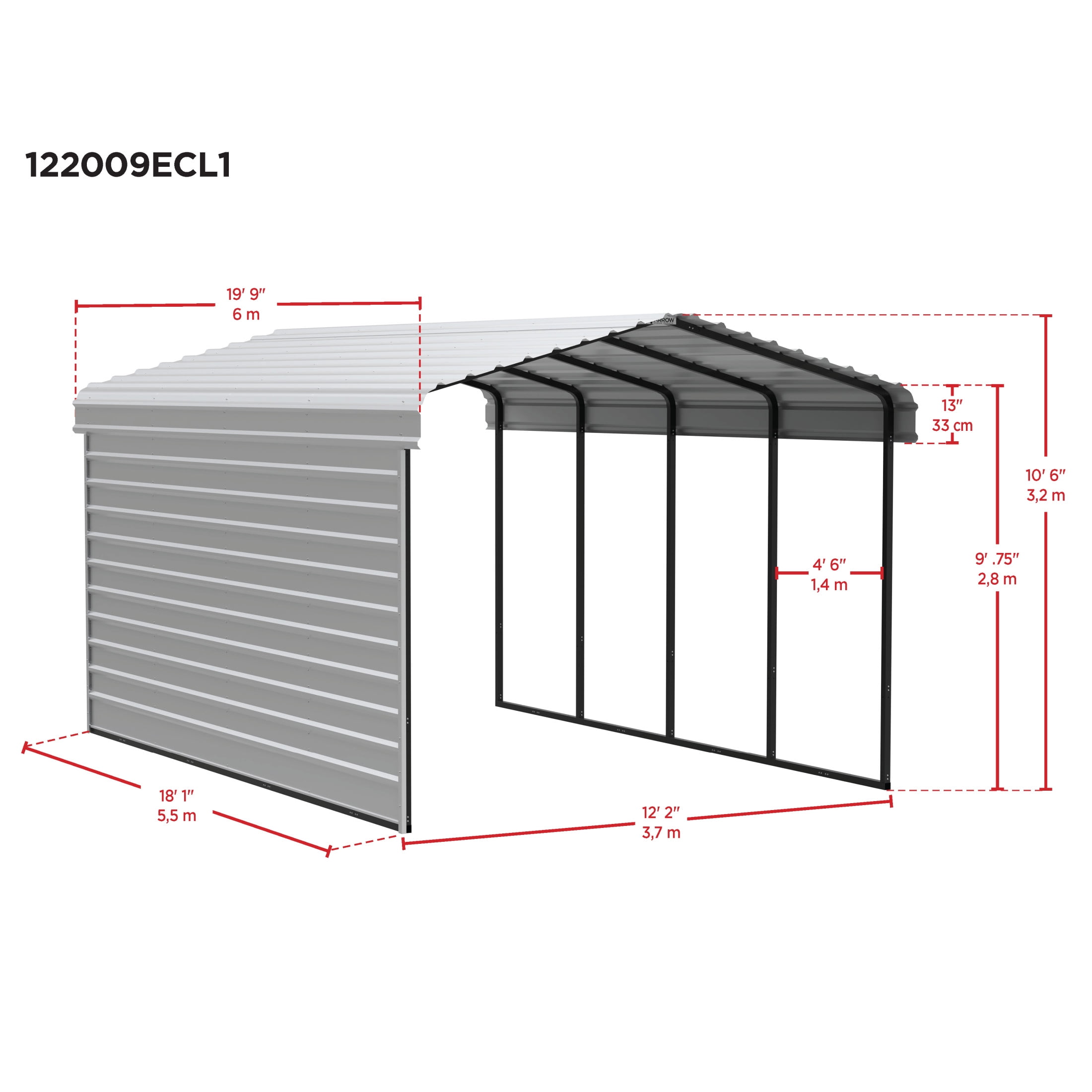 Arrow 12 x 20 x 9 ft Charcoal Carport With 1 Side Wall Kit
