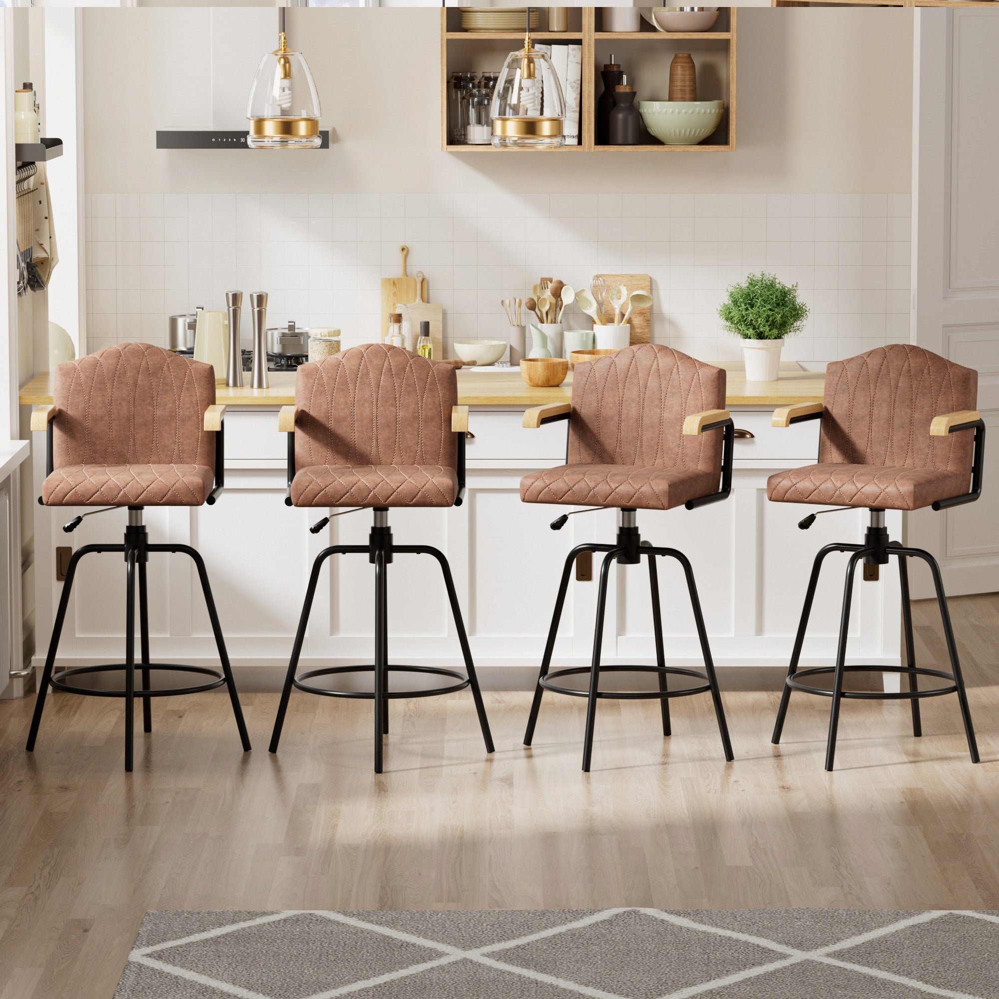 VECELO Swivel Bar Stools Set of 2 with Back and Armrest, Counter Height, Velvet Upholstered Bar Chairs for Kitchen Island & Home, Brown