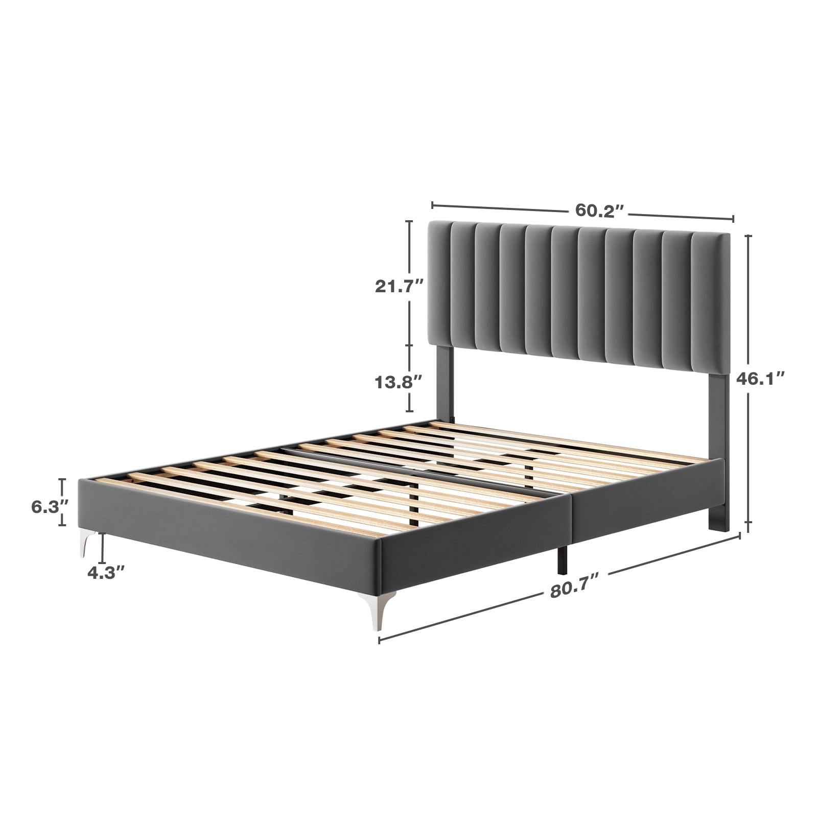Eastvita Modern Velvet Upholstered Queen Bed Frame with Headboard - 11 Inch Platform Bed Frame, Grey, No Box Spring Needed