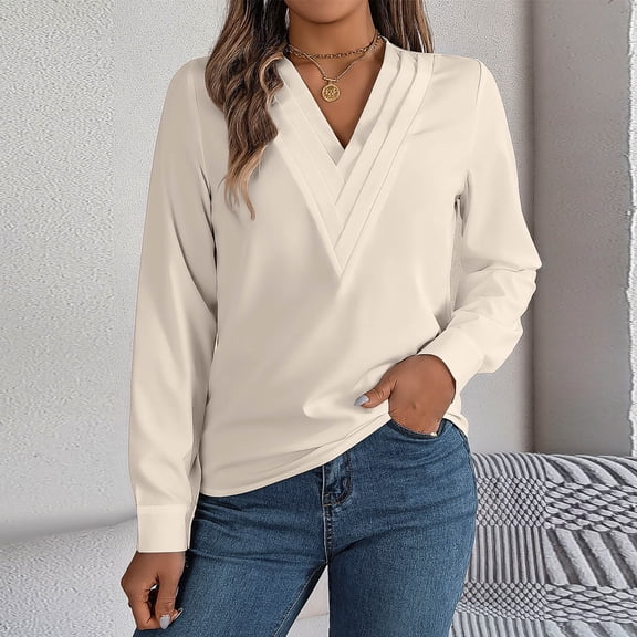 Long Sleeve Shirts for Women Dressy Blouses Casual Layering V-Neck Pullover Office Work Tunic Top