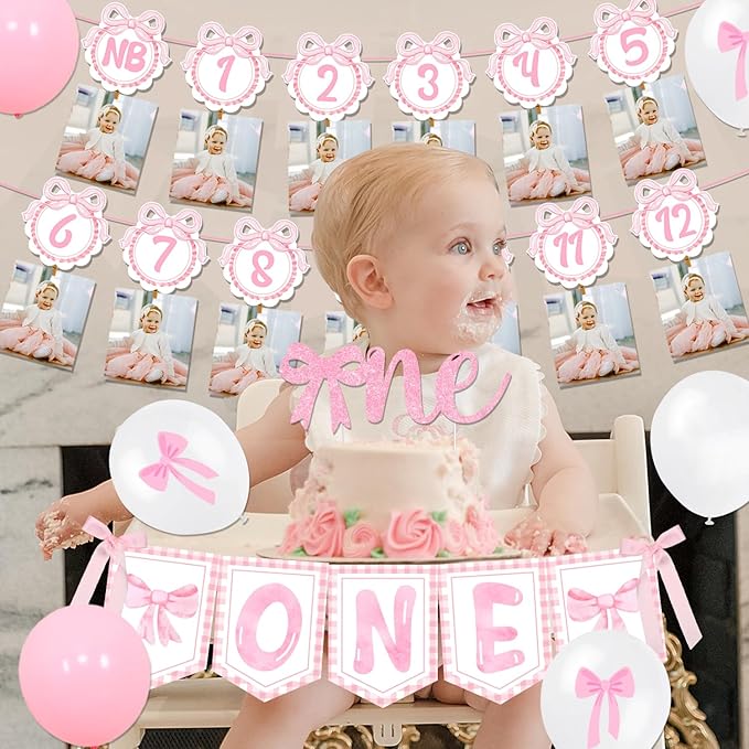 Pink Bow 1st Birthday Party Decorations Pink Bow Balloon Arch Kit Bowknot Happy Birthday Banner Photo Banner Cake Topper Cupcake Topper High Chair Banner for Girls First Birthday Party Supplies
