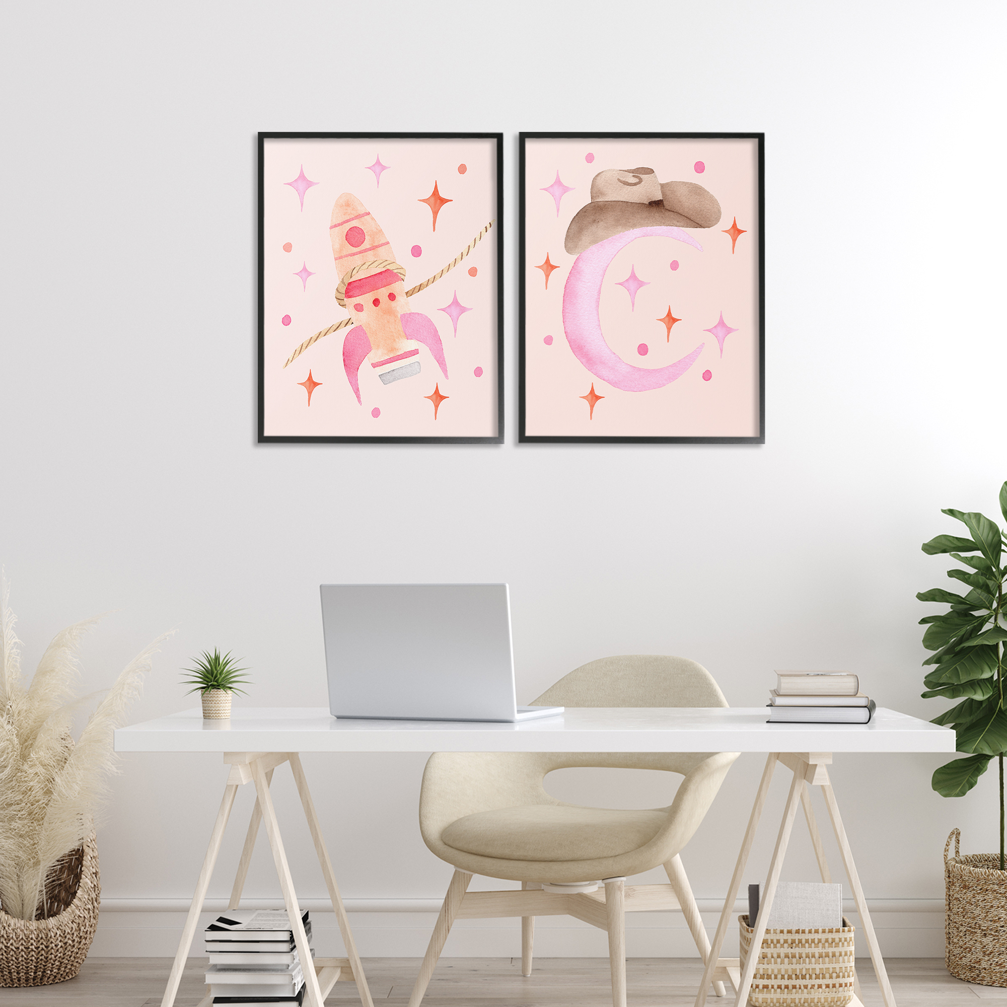Space Cowgirl Rocket Ship 2 Piece Black Framed Giclee Art Set, design by Nina Jacobs