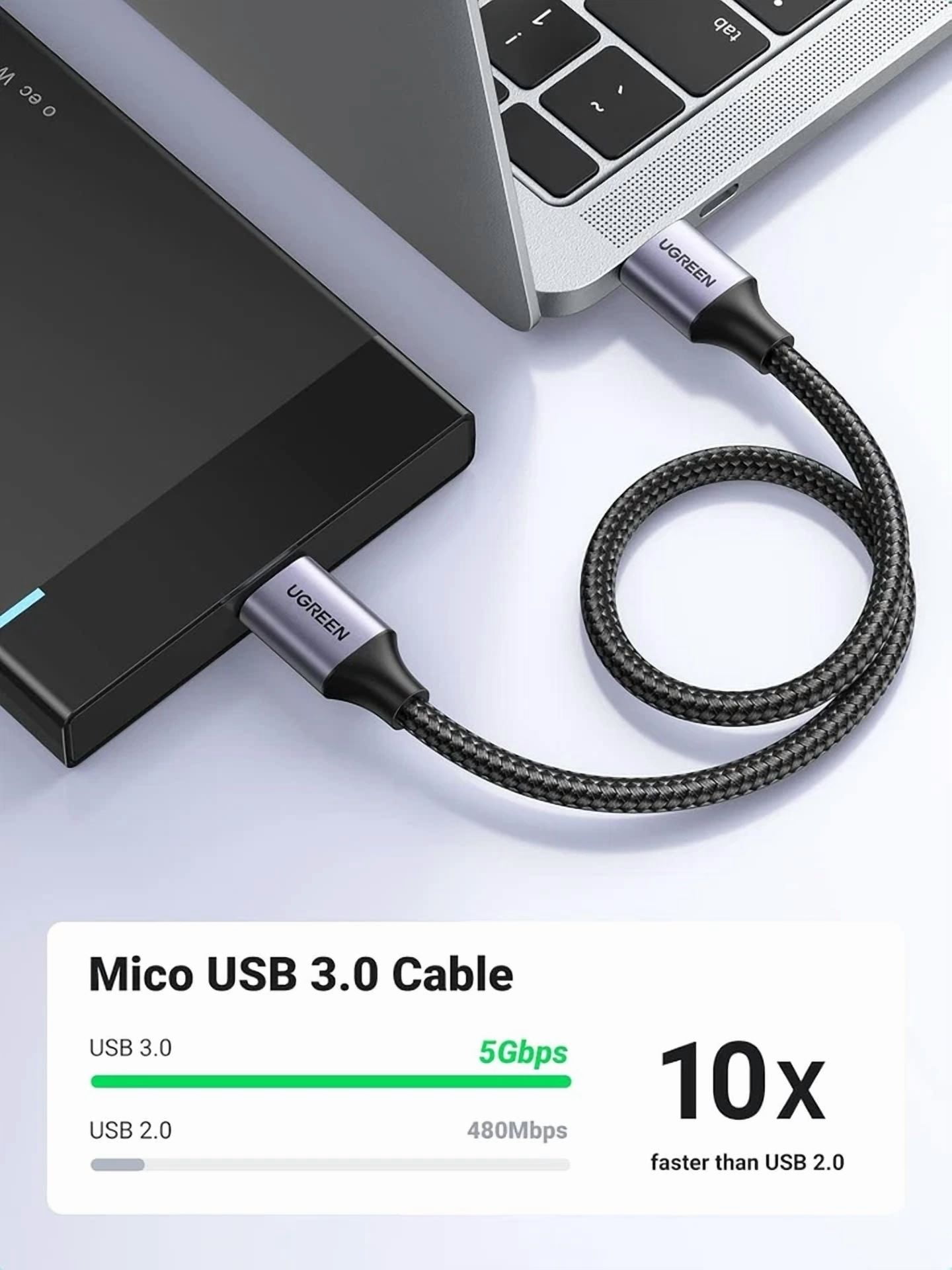 CRESTIN- Ugreen Micro Usb 3.0 Cable, A To B Cord Nylon 1.5 Ft, Grey