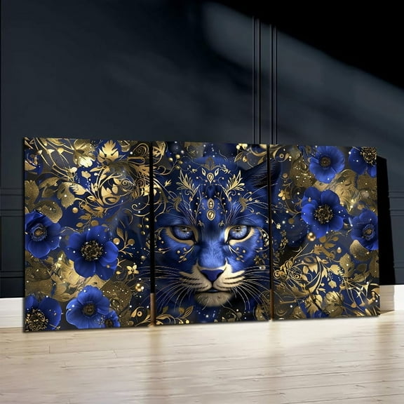 Frameless Canvas Painting Wall Art: Majestic Leopard in Blue Flowers and Golden Plants-Bedroom, Home Decor Living Room Or Art Studio Decoration
