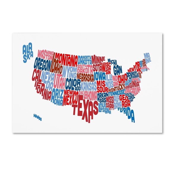 Trademark Fine Art "United States Typography Text Map" Canvas Art by Michael Tompsett