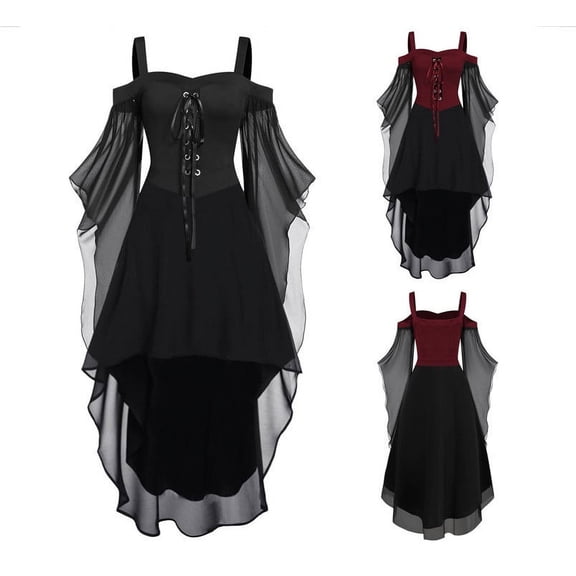 FNFYFH Plus Size Gothic Dresses for Women Cold Shoulder Butterfly Sleeve Lace Medieval Vampire Steampunk Dress Renaissance Halloween Costume