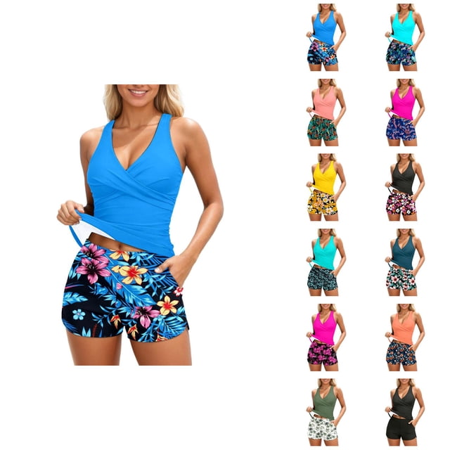 Womens Bathing Suits Tankini 2026 Trendy Modest Deep V Neck Crossover Top with Swim Shorts Two Piece Bathing Suits for Women