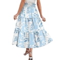 thumbnail image 5 of Women's Floral Maxi Skirt, High Waist Drawstring Tiered Pleated Skirt, Lightweight Flowy Boho Skirt for Beach, Vacation and Summer,Light Blue,L, 5 of 7