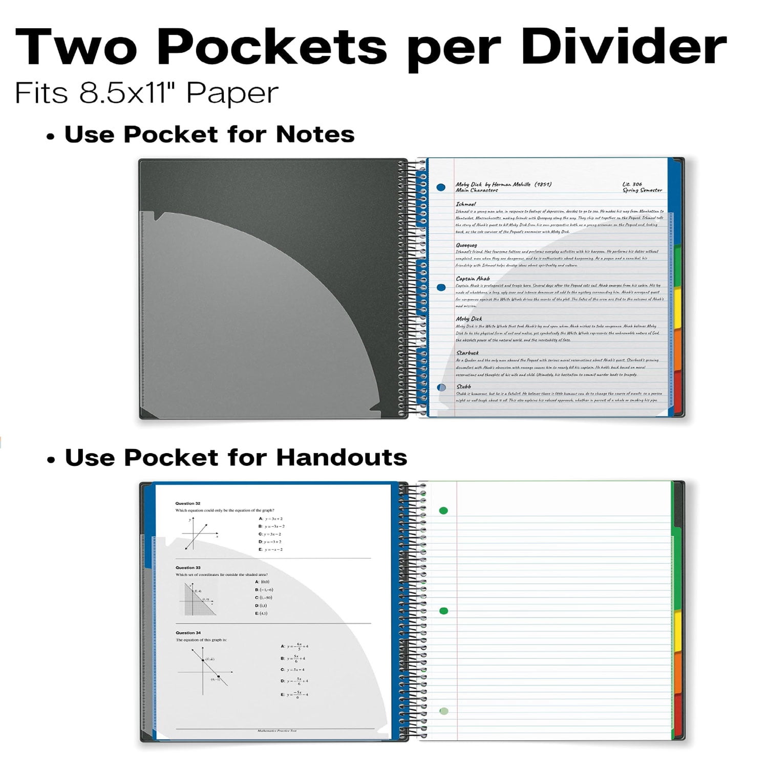 2Pcs 5 Subject Notebook College Ruled Spiral Notebook Journal with Removable Dividers Tabs 300 Pages 8.5"x11" 5 Pocket Colored Dividers, 3-Hole Punched Paper for Work Women Black