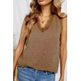 thumbnail image 4 of ABPHQTO Camiseta sin mangas con cuello en V y costuras de encaje con puntos suizos marrones para mujer, 4 of 5