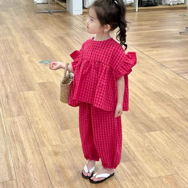 Summer Plaid Loose Tops And Same Color Cropped Pants For Small And Medium-sized Girls Two-piece Suit