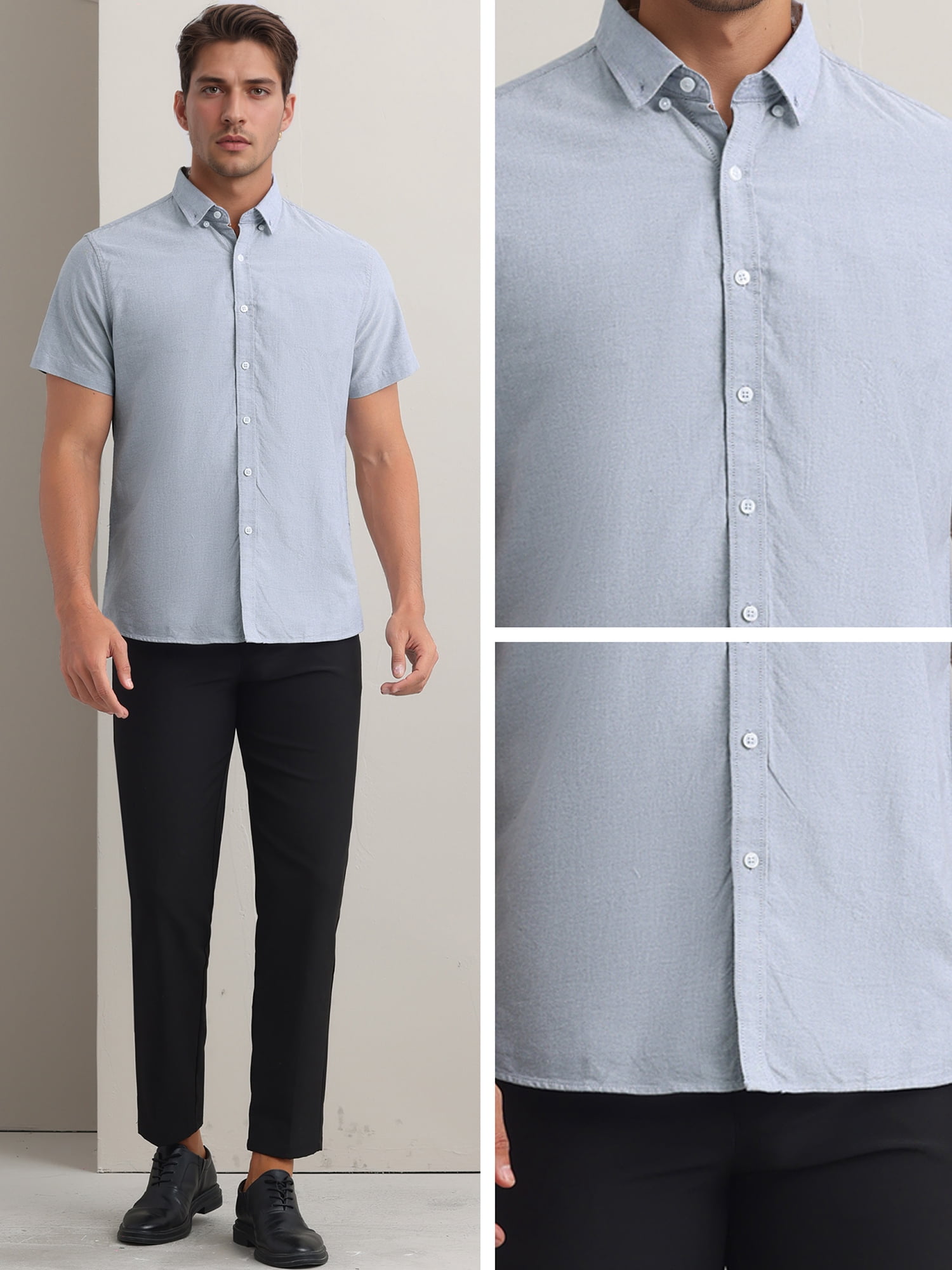 Unique Bargains Men's Short Sleeve Cotton Regular Fit Button Down Formal Shirt M Gray