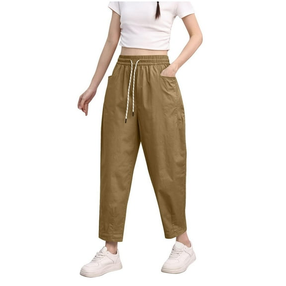 ABATAB Women Plus Size Pants Loose Fit Elastic Waist Trousers Casual Stretch Drawstring Summer Pant with Pockets