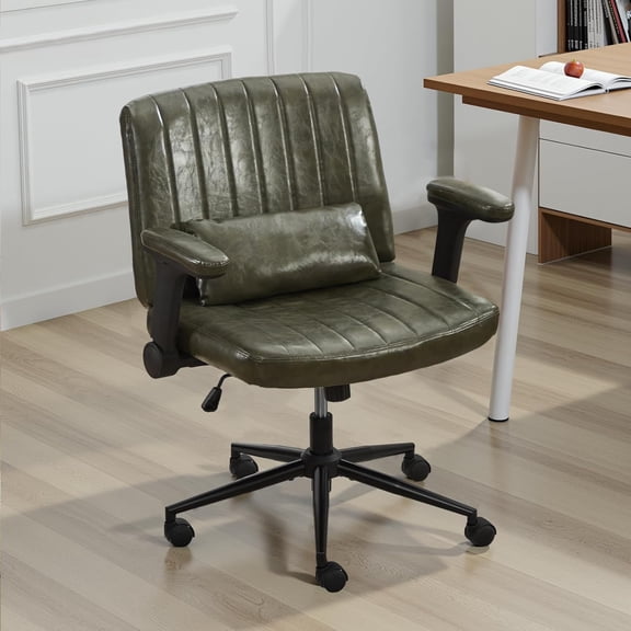 DRMBOOK Criss Cross Legged Chair with Flip-Up Arms, Comfy Rolling Office Desk Chair with Wheels, Wide Swivel Height Adjustable Mid Back Computer Task Vanity Chair for Home Office (PU Leather Green)